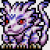 Pixelated 4-frame animation of a purple dragon-like creature with red eyes and multiple tails on a white background, arranged in a contact sheet layout.