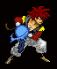 Pixel art character with red spiky hair, brown skin, and a blue energy sphere in hand against black background.