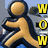 A pixelated figure with a tan body and dark blue outline stands in a walking pose, holding an object against its chest. Yellow text reading "WOW" appears vertically to the right of the figure.