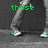 A four- shows a person's lower body in gray pants and light blue sneakers walking on a dark surface, with green text above each