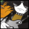 Pixelated static icon featuring abstract shapes in orange, white, and gray tones with black background elements.