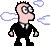 Pixelated cartoon character in black suit with white shirt and tie, performing sequential poses against gray background with blue-tinged clouds.