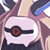 Pixelated static icon of a character with long purple hair wearing a dark outfit and holding a white circular object with red and black details.