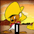 Animated pixel art of a character with yellow hair and brown skin, wearing a white shirt and red tie, standing against a sunset background with text changing across frames.
