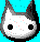 Pixel art contact sheet of six animated frames showing a cat-like character with changing facial expressions against blue and gray backgrounds.