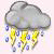 Gray cloud with dark outline emits yellow lightning bolts and blue raindrops against light pink background.