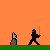 Pixel art animation of a black ninja figure with red eyes and silver sword striking green-topped brown objects on an orange background with green ground line.