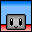 A 4x4 contact sheet of pixel art frames showing a gray block character with changing expressions and occasional text above it, set against blue sky and red ground backgrounds.