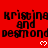 Red background with repeated black text 'kristina and desmond' in pixelated font, white heart symbols below each name pair.