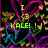 Pixelated animation with neon green text over abstract pink, blue, and yellow shapes on black background.