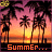 Pixelated sunset beach scene with palm trees silhouetted against orange and pink sky, text reading 'Summer...' at bottom.