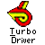 Pixelated icon of a red and yellow spiral shape with a green stem on gray background, below which is text reading "Turbo Driver" in blocky font.