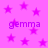 Pink background with scattered purple stars and repeated purple text 'gemma' in pixelated font.