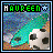 Animated sequence showing a soccer ball on sand with a turquoise wave, the name 'MAUREEN' in green text at top left and star symbol.