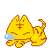Yellow pixelated cat with orange stripes in multiple poses including curled, sitting, and standing with closed eyes, open mouth, and raised paws.