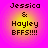 Four identical pixelated icons display "Jessica & Hayley BFFS!!!!!" text on a pink-to-yellow gradient background.
