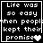 Black-and-white pixelated text-based animation showing four with the phrase "Life was so easy when people kept their promises" and changing heart symbols