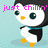Pixelated penguin with white face, black body, and orange beak/feet stands against light blue background; pink text 'just chillin'' appears above head.