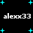 Black background with cyan plus signs scattered throughout, displaying the text 'alexox33' in white pixelated font across three horizontal lines.