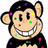 Pixelated monkey face with colorful square accents on black hair and body, smiling widely with visible teeth.