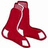 Two red socks with white accents on a white background, one with visible text overlay.