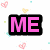 Pixelated icon with pink 'ME' text on black, pastel heart circles, and a blue neon 'E.M.' design.