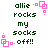 Pixelated text reads 'allie rocks my socks off!!' with pink square decorations on a white background.