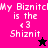 Pixelated text reads "My Biznitch is the <3 Shiznit" on four colored backgrounds with a star symbol changing from black to pink.