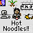 Pixel art of repeated character icons with 'Hot Noodles!!' text, featuring a figure with dark hair holding a red bowl, surrounded by laptops, flames, and plants on a gray background