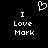Pixelated white text and heart symbol on black background, two identical side-by-side layouts with 'I Love Mark' text and heart above.