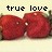 Two red pixelated hearts with white highlights sit beneath black text reading 'true love' on a light beige background.