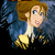 Pixelated cartoon character with light brown hair, blue jacket, white shirt, and yellow gloves against dark blue background.