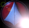 Circular icon with red and blue triangular sections and a central white star-like shape, featuring a bright light effect that shifts position across frames.