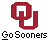 Red pixelated 'OU' logo above black-and-white text reading 'Go Sooners' on a gray background.