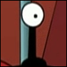 A stylized cartoon eye with a white sclera, black pupil, and thin black outline, set against a red and blue background with angular shapes.