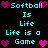 Pixelated cyan text on black background reads "Softball Is Life Life is a Game" with magenta hearts, repeated in two