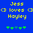 Blue background with yellow text reading "Jess" at top, "<3 loves <3" in middle, "Hoyley" below, and green plus signs at bottom.