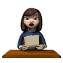 Animated sequence of a woman with brown shoulder-length hair in a blue long-sleeve shirt holding a beige rectangular object at a brown table, showing facial expression changes.
