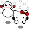 Pixel art of Hello Kitty and snowman icons with red bow and mittens on gray background with white dots