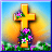 A pixelated golden cross with floral decorations against a gradient sky background.