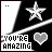 Black-and-white pixelated icon with white star, heart, and 'YOU'RE AMAZING' text on diagonal striped background.