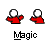 Pixelated red figure with white head holding white sphere, performing motion sequence with arms raised and lowered, labeled 'Magic' below.