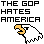 Pixel art contact sheet showing five frames of an animated icon featuring a bald eagle head with red prohibition symbols over it, alongside repeated text "THE GOP HATES AMERICA" and "COMEDY CENTRAL INDECISION 2004".
