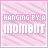 identical pink pixelated icons with diagonal stripes and the text 'HANGING BY A MOMENT' in white, each containing small animated sparkles