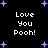 Black background with white pixelated text reading "Love You Pooh!" repeated four times, surrounded by light purple star shapes.