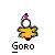 Pixelated icon of a yellow star-shaped figure with black outlines, white circular face, pink top, red feet, and the text 'Goro' below.