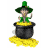 Animated icon of a leprechaun in green attire standing inside a black cauldron overflowing with gold coins, performing sequential hand movements.