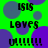 Green background with purple and blue circles, black text reading 'ISIS LOVES U!!!!!!' repeated in a pattern