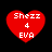 Four red heart-shaped icons with white text reading "Shezz 4 EVA" on a black background, arranged in two of two