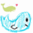 Pixelated cartoon whale with light blue body, black eye and mouth, green smaller whale above it, pink heart near the top right.